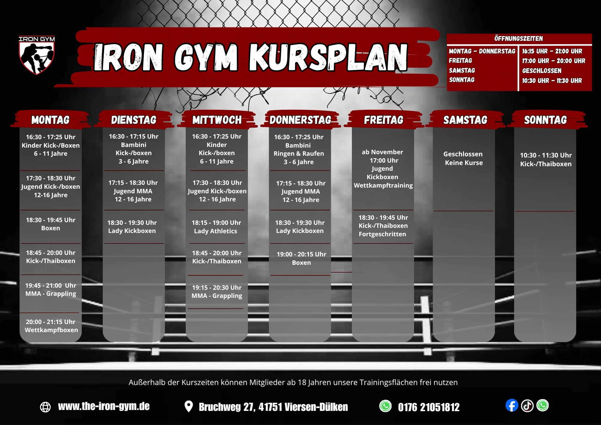 Kursplan Iron Gym Dülken 2026. Alle Kurszeiten im Überblick.