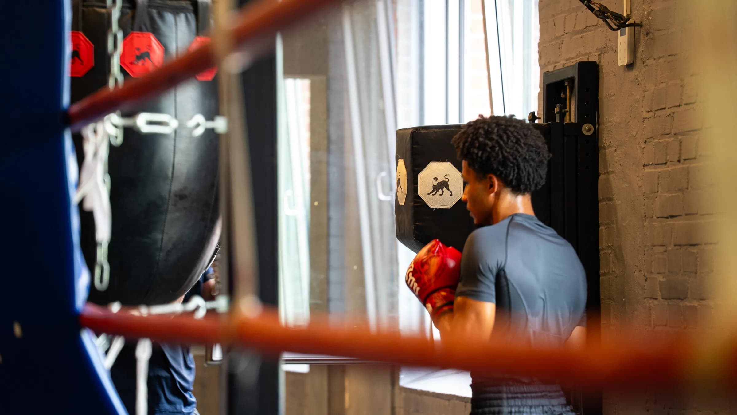 Boxer mit roten Handschuhen trainiert am Sandsack im Boxring des Iron Gym Viersen